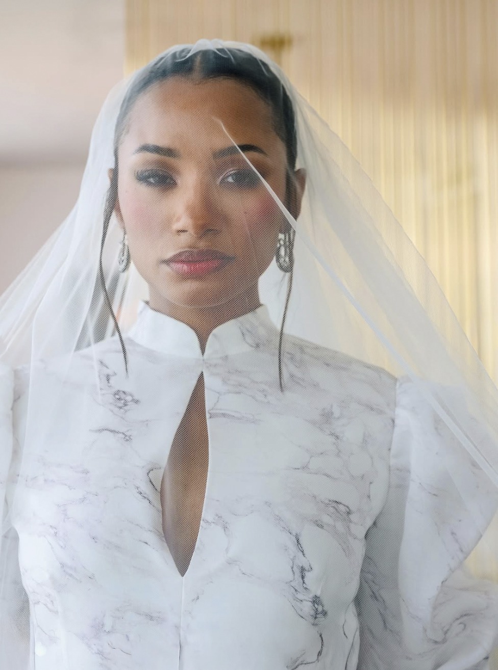 Bridal portrait under a tulle veil: long silver drop earrings, a marbled white dress, warm light falling behind her