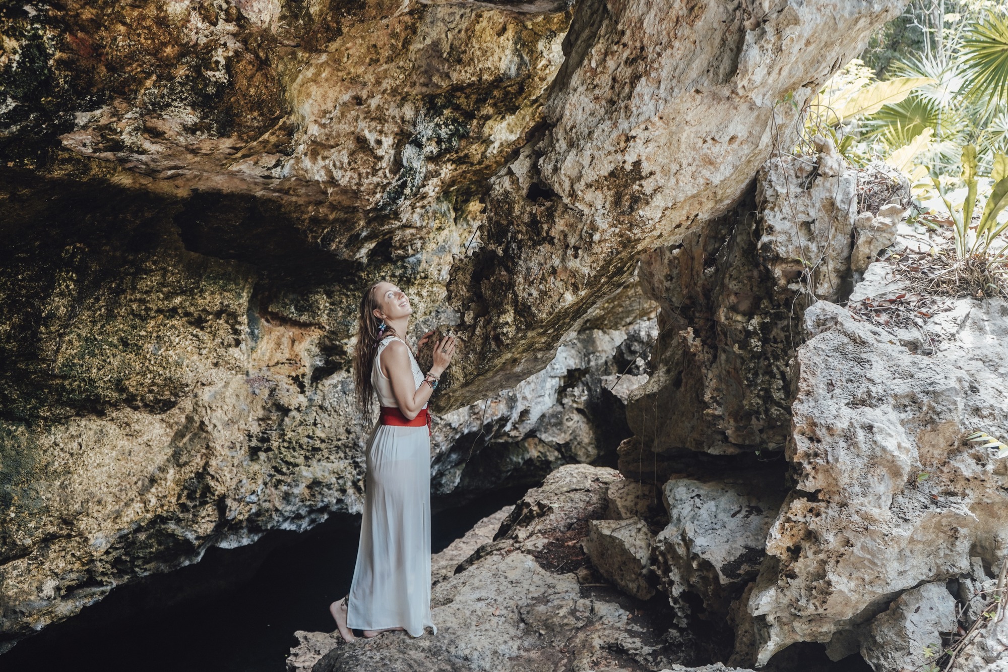Couple in soft jungle light, cenote-style session, Riviera Maya
